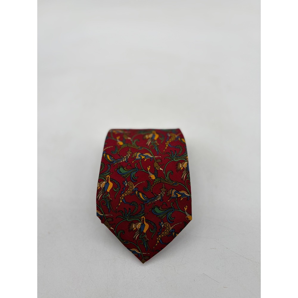 Salvatore Ferragamo Mens Red Silk Mythical Creature Floral Print Necktie Italy